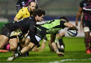 20 December 2020; Tiernan O'Halloran of Connacht scores his side's first try during the Heineken Champions Cup Pool B Round 2 match between Connacht and Bristol Bears at the Sportsground in Galway. Photo by Ramsey Cardy/Sportsfile