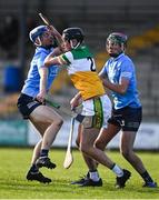 12 December 2020; Rory Carty of Offaly in action against Kevin Desmond, left, and Micheál Murphy of Dublin during the Bord Gais Energy Leinster Under 20 Hurling Championship Quarter-Final match between Offaly and Dublin at St Brendan's Park in Birr, Offaly. Photo by Sam Barnes/Sportsfile