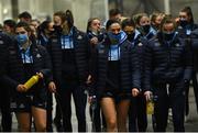 20 December 2020; Sinéad Goldrick of Dublin, centre, arrives with her team-mates prior to the TG4 All-Ireland Senior Ladies Football Championship Final match between Cork and Dublin at Croke Park in Dublin. Photo by Piaras Ó Mídheach/Sportsfile