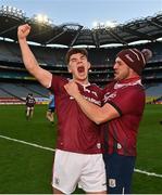 19 December 2020; Tomo Culhane of Galway, left, celebrates with Galway Strength and Conditioning coach Cian Walsh-McGinn, during the EirGrid GAA Football All-Ireland Under 20 Championship Final match between Dublin and Galway at Croke Park in Dublin. Photo by Sam Barnes/Sportsfile