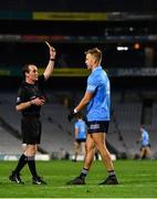 19 December 2020; Jonny Cooper of Dublin is shown a yellow card by referee David Coldrick during the GAA Football All-Ireland Senior Championship Final match between Dublin and Mayo at Croke Park in Dublin. Photo by Sam Barnes/Sportsfile