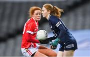 20 December 2020; Dublin goalkeeper Ciara Trant in action against Niamh Cotter of Cork during the TG4 All-Ireland Senior Ladies Football Championship Final match between Cork and Dublin at Croke Park in Dublin. Photo by Piaras Ó Mídheach/Sportsfile