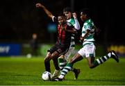 21 December 2020; Chris Lotefa of Bohemians in action against Eric Abudiore, right, and Kevin Zefi of Shamrock Rovers during the SSE Airtricity U17 National League Final match between Shamrock Rovers and Bohemians at the UCD Bowl in Dublin. Photo by Sam Barnes/Sportsfile