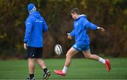 22 December 2020; Jordan Larmour, right, watched by Kicking coach and lead performance analyst Emmet Farrell during Leinster Rugby squad training at UCD in Dublin. Photo by Ramsey Cardy/Sportsfile