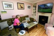 8 June 2020; Race horse trainer Jessica Harrington watches horse racing from Naas racecourse on television from her home at Commonstown Stables in Moone, Kildare, under public health advice from the Health Service Executive. Horse racing has been allowed to resume on June 8 under the Irish Government’s Roadmap for Reopening of Society and Business following strict protocols of social distancing and hand sanitisation among other measures allowing it to return in a phased manner, having been suspended from March 25 due to the Government's efforts to contain the spread of the Coronavirus (COVID-19) pandemic. Photo by Ramsey Cardy/Sportsfile