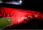 14 February 2020; St Patrick's Athletic supporters let off flares prior to the SSE Airtricity League Premier Division match between St Patrick's Athletic and Waterford United at Richmond Park in Dublin. Photo by Harry Murphy/Sportsfile