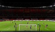 29 October 2020; Joe Willock of Arsenal scores his side's second goal in front of an empty stadium during the UEFA Europa League Group B match between Arsenal and Dundalk at the Emirates Stadium in London, England. Due to ongoing restrictions imposed by the British Government to contain the spread of the Coronavirus (Covid-19) pandemic, elite sport is still permitted to take place behind closed doors. Photo by Ben McShane/Sportsfile
