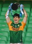 22 December 2020; Kerry captain Oisin Maunsell lifts the cup following the Electric Ireland Munster GAA Football Minor Championship Final match between Kerry and Clare at LIT Gaelic Grounds in Limerick. Photo by Eóin Noonan/Sportsfile