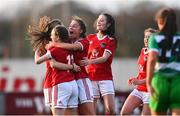 23 December 2020; Olivia Gibson of Cork City, hidden, celebrates with team-mates including Robin Carey, second from left, and Kelly Leahy, second from right, after scoring her side's first goal from the penalty spot during the Women’s Under-17 National League Final match between Shamrock Rovers and Cork City at Athlone Town Stadium in Athlone, Westmeath. Photo by Sam Barnes/Sportsfile