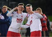 22 December 2020; Darragh Burns, left, and Kevin O’Reilly of St Patrick's Athletic following their side's victory during the SSE Airtricity U19 National League Final match between Bohemians and St Patrick’s Athletic at the UCD Bowl in Dublin. Photo by Seb Daly/Sportsfile