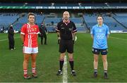 20 December 2020; Referee Jonathan Murphy with team caprains Doireann O'Sullivan of Cork, left, and Sinéad Aherne of Dublin prior to the TG4 All-Ireland Senior Ladies Football Championship Final match between Cork and Dublin at Croke Park in Dublin. Photo by Brendan Moran/Sportsfile