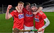 23 December 2020; Cork players, from left, Eoin Carey, Darragh Flynn, and Jack Cahalane celebrate after the Bord Gáis Energy Munster GAA Hurling U20 Championship Final match between Cork and Tipperary at Páirc Uí Chaoimh in Cork. Photo by Piaras Ó Mídheach/Sportsfile