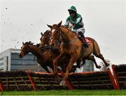 26 December 2020; Micro Manage, right, with Patrick Mullins up, jumps the last alongside eventual second place Gee Rex, left, with Jack Brendan Foley up, and Irish Poseidon, centre, with Sean Flanagan up, on their way to finshing third in the ‘Join tote.ie With A €10 Risk Free Bet’ Maiden Hurdle on day one of the Leopardstown Christmas Festival at Leopardstown Racecourse in Dublin. Photo by Seb Daly/Sportsfile