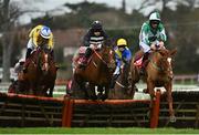 26 December 2020; Micro Manage, right, with Patrick Mullins up, jumps the last alongside eventual second place Gee Rex, left, with Jack Brendan Foley up, and Irish Poseidon, centre, with Sean Flanagan up, on their way to finshing third in the ‘Join tote.ie With A €10 Risk Free Bet’ Maiden Hurdle on day one of the Leopardstown Christmas Festival at Leopardstown Racecourse in Dublin. Photo by Seb Daly/Sportsfile