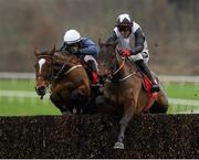 26 December 2020; Colreevy, left, with Danny Mullins up, jump the last on their way to winning the Matchbook Betting Exchange Faugheen Novice Steeplechase from second place Pencilfulloflead, right, with Keith Donoghue up, during the Limerick Christmas Festival at Limerick Racecourse in Limerick. Photo by Matt Browne/Sportsfile
