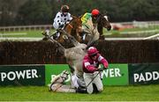 26 December 2020; Jan Maat and jockey Hugh Morgan fall at the last during the ‘Bet Through The Free Racing Post App’ Handicap Steeplechase on day one of the Leopardstown Christmas Festival at Leopardstown Racecourse in Dublin. Photo by Seb Daly/Sportsfile