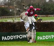 26 December 2020; Jan Maat and jockey Hugh Morgan fall at the last during the ‘Bet Through The Free Racing Post App’ Handicap Steeplechase on day one of the Leopardstown Christmas Festival at Leopardstown Racecourse in Dublin. Photo by Seb Daly/Sportsfile