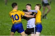 26 December 2020; Ronan Kelly of Sligo is tackled by Shane Walsh, left, and Aaron Shannon of Roscommon during the Electric Ireland Connacht GAA Football Minor Championship Final match between Roscommon and Sligo at Connacht Centre of Excellence in Bekan, Mayo. Photo by Ramsey Cardy/Sportsfile