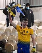 26 December 2020; Roscommon captain Eoin Colleran lifts the trophy following the Electric Ireland Connacht GAA Football Minor Championship Final match between Roscommon and Sligo at Connacht Centre of Excellence in Bekan, Mayo. Photo by Ramsey Cardy/Sportsfile