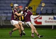 18 December 2020; Jack Morrissey of Kilkenny is tackled by Oisín Salmon, left, and Dylan Shaughnessy of Galway during the Bord Gáis Energy Leinster Under 20 Hurling Championship Semi-Final match between Kilkenny and Galway at MW Hire O'Moore Park in Portlaoise, Laois. Photo by Piaras Ó Mídheach/Sportsfile
