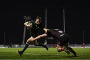 27 December 2020; Jack Carty of Connacht on his way to scoring his side's first try despite the tackle of Nick Timoney of Ulsterduring the Guinness PRO14 match between Connacht and Ulster at The Sportsground in Galway. Photo by Ramsey Cardy/Sportsfile