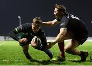 27 December 2020; John Porch of Connacht scores his side's second try despite the tackle of Stewart Moore of Ulster during the Guinness PRO14 match between Connacht and Ulster at The Sportsground in Galway. Photo by Ramsey Cardy/Sportsfile