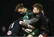 27 December 2020; John Porch of Connacht is tackled by Ethan McIlroy, left, and Ian Madigan of Ulster during the Guinness PRO14 match between Connacht and Ulster at The Sportsground in Galway. Photo by Ramsey Cardy/Sportsfile