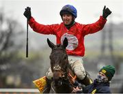 28 December 2020; Jockey Darragh O'Keeffe celebrates after riding A Plus Tard to victory in the Savills Steeplechase on day three of the Leopardstown Christmas Festival at Leopardstown Racecourse in Dublin. Photo by Seb Daly/Sportsfile