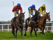 28 December 2020; Jockey Darragh O'Keeffe, left, celebrates as he passes the finishing post after riding A Plus Tard to victory in the Savills Steeplechase, ahead of second and third places Kemboy, centre, with David Mullins up, and Melon, right, with Patrick Mullins up, on day three of the Leopardstown Christmas Festival at Leopardstown Racecourse in Dublin. Photo by Seb Daly/Sportsfile