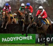 28 December 2020; A Plus Tard, second from right, with Darragh O'Keeffe up, jumps the seventh on their way to winning the Savills Steeplechase on day three of the Leopardstown Christmas Festival at Leopardstown Racecourse in Dublin. Photo by Seb Daly/Sportsfile
