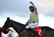 29 December 2020; Jockey Patrick Mullins celebrates after riding Sharjah to victory in the Matheson Hurdle on day four of the Leopardstown Christmas Festival at Leopardstown Racecourse in Dublin. Photo by Seb Daly/Sportsfile