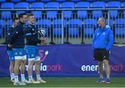 29 December 2020; Senior coach Stuart Lancaster, right, in conversation with players, from left, Ed Byrne, Jack Conan and Dan Leavy during Leinster Rugby squad training at Energia Park in Dublin. Photo by Ramsey Cardy/Sportsfile