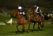 1 January 2021; Mr Coldstone, left, with Paul Townend up, leads eventual second place Not Available, with Rachael Blackmore up, on their way to winning the David Flynn Construction Maiden Hurdle at Tramore Racecourse in Waterford. Photo by Seb Daly/Sportsfile