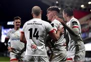 2 January 2021; Ethan McIlroy of Ulster is congratulated by team-mates Matt Faddes, left, and Jacob Stockdale after scoring his side's second try during the Guinness PRO14 match between Ulster and Munster at Kingspan Stadium in Belfast. Photo by David Fitzgerald/Sportsfile