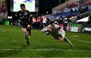 2 January 2021; Ethan McIlroy of Ulster scores his side's second try during the Guinness PRO14 match between Ulster and Munster at Kingspan Stadium in Belfast. Photo by David Fitzgerald/Sportsfile