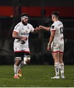 2 January 2021; Marcell Coetzee, left, fist bumps team-mate James Hume of Ulster after he comes on as a sub during the Guinness PRO14 match between Ulster and Munster at Kingspan Stadium in Belfast. Photo by David Fitzgerald/Sportsfile