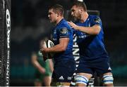 2 January 2021; Scott Penny of Leinster celebrates with team-mate Ross Molony after scoring their side's first try during the Guinness PRO14 match between Leinster and Connacht at the RDS Arena in Dublin. Photo by Brendan Moran/Sportsfile