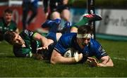 2 January 2021; Ryan Baird of Leinster scores his side's third try during the Guinness PRO14 match between Leinster and Connacht at the RDS Arena in Dublin. Photo by Brendan Moran/Sportsfile