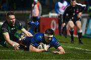 2 January 2021; Ryan Baird of Leinster scores his side's third try during the Guinness PRO14 match between Leinster and Connacht at the RDS Arena in Dublin. Photo by Brendan Moran/Sportsfile