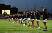 24 October 2020; The Ireland team stand for the national anthems prior to the Women's Six Nations Rugby Championship match between Ireland and Italy at Energia Park in Dublin. Due to current restrictions laid down by the Irish government to prevent the spread of coronavirus and to adhere to social distancing regulations, all sports events in Ireland are currently held behind closed doors. Photo by Brendan Moran/Sportsfile