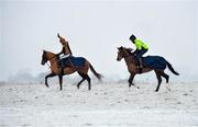 7 January 2021; Trainer Diego Dias, right, and stable hand Diego Lima make their way to the gallops at the Curragh, in Kildare. Photo by Seb Daly/Sportsfile