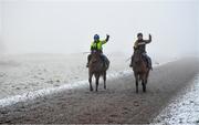 7 January 2021; Trainer Diego Dias, left, and stable hand Diego Lima school horses on the gallops at the Curragh, in Kildare. Photo by Seb Daly/Sportsfile