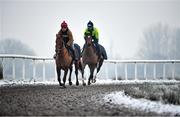 7 January 2021; Trainer Diego Dias, right, and stable hand Diego Lima school horses on the gallops at the Curragh, in Kildare. Photo by Seb Daly/Sportsfile