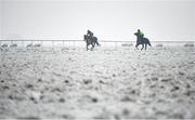 7 January 2021; Trainer Diego Dias, right, and stable hand Diego Lima school horses on the gallops at the Curragh, in Kildare. Photo by Seb Daly/Sportsfile
