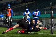 8 January 2021; Dave Kearney of Leinster scores his side's first try despite the efforts of  Billy Burns, left and Matt Faddes of Ulster during the Guinness PRO14 match between Leinster and Ulster at the RDS Arena in Dublin. Photo by Ramsey Cardy/Sportsfile