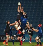 8 January 2021; Alan O’Connor of Ulster claims the ball ahead of Scott Fardy and Hugo Keenan of Leinster during the Guinness PRO14 match between Leinster and Ulster at the RDS Arena in Dublin. Photo by Brendan Moran/Sportsfile