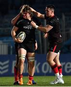 8 January 2021; Jordi Murphy of Ulster is congratulated by team-mates James Hume, right, and Rob Herring after winning a penalty during the Guinness PRO14 match between Leinster and Ulster at the RDS Arena in Dublin. Photo by Seb Daly/Sportsfile