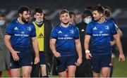 8 January 2021; Leinster players, from left, Robbie Henshaw, Jordan Larmour, and Ross Byrne of Leinster following their side's victory during the Guinness PRO14 match between Leinster and Ulster at the RDS Arena in Dublin. Photo by Ramsey Cardy/Sportsfile