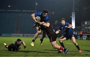 8 January 2021; Robbie Henshaw of Leinster evades the tackle of John Cooney, left, and Matt Faddes of Ulster on his way to scoring his side's second try during the Guinness PRO14 match between Leinster and Ulster at the RDS Arena in Dublin. Photo by Brendan Moran/Sportsfile