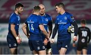 8 January 2021; Jonathan Sexton of Leinster, right, speaks to team-mates Ross Byrne, Jordan Larmour and Rhys Ruddock during the Guinness PRO14 match between Leinster and Ulster at the RDS Arena in Dublin. Photo by Brendan Moran/Sportsfile